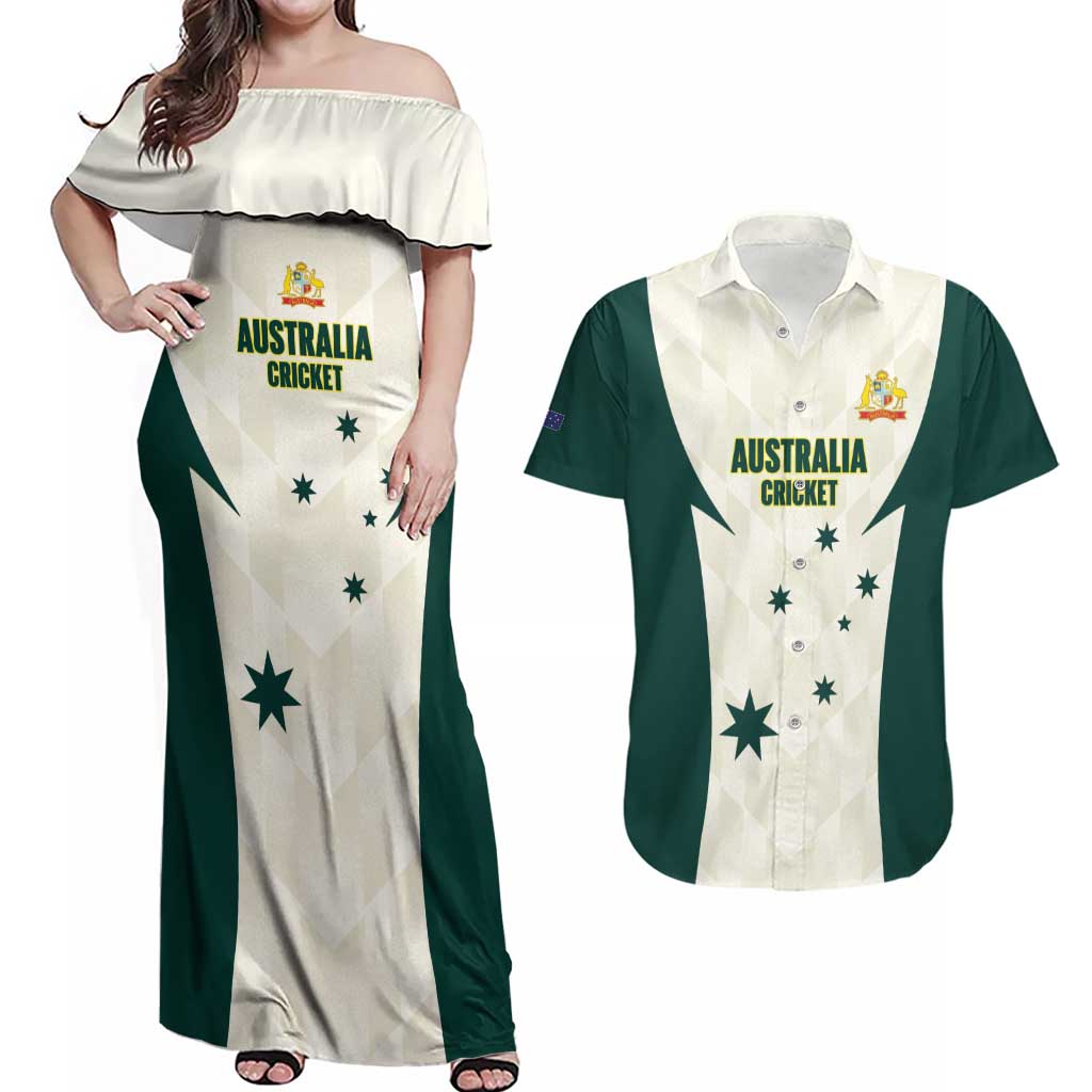 Australia Cricket Custom Couples Matching Off Shoulder Maxi Dress and Hawaiian Shirt Go Aussie Test Dynamic White - Aussie Hoodie