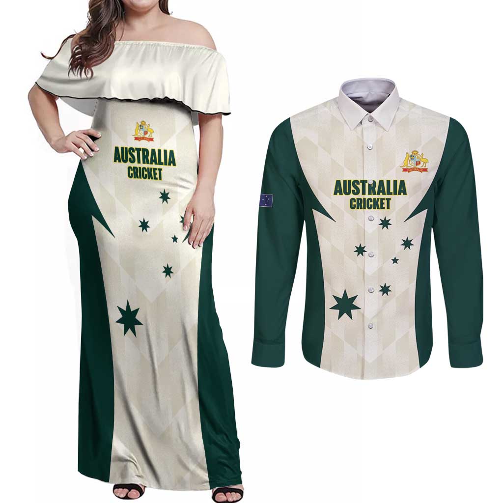 Australia Cricket Custom Couples Matching Off Shoulder Maxi Dress and Long Sleeve Button Shirt Go Aussie Test Dynamic White - Aussie Hoodie
