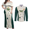 Australia Cricket Custom Couples Matching Off Shoulder Maxi Dress and Long Sleeve Button Shirt Go Aussie Test Dynamic White - Aussie Hoodie