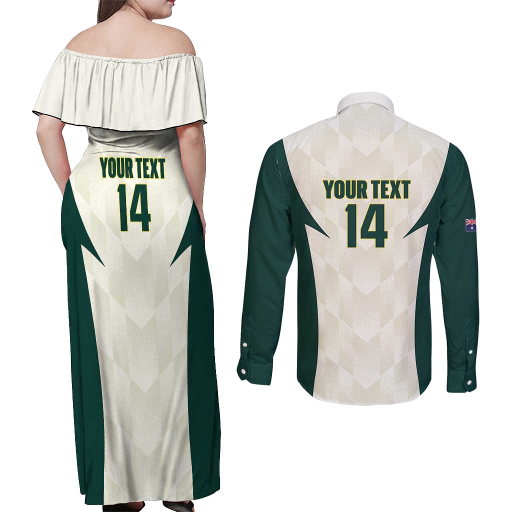 Australia Cricket Custom Couples Matching Off Shoulder Maxi Dress and Long Sleeve Button Shirt Go Aussie Test Dynamic White - Aussie Hoodie