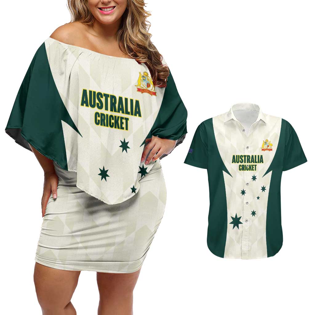 Australia Cricket Custom Couples Matching Off Shoulder Short Dress and Hawaiian Shirt Go Aussie Test Dynamic White - Aussie Hoodie
