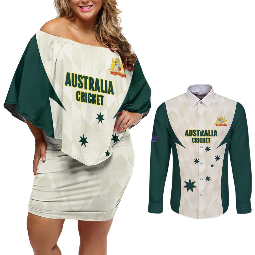 Australia Cricket Custom Couples Matching Off Shoulder Short Dress and Long Sleeve Button Shirt Go Aussie Test Dynamic White - Aussie Hoodie