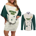 Australia Cricket Custom Couples Matching Off Shoulder Short Dress and Long Sleeve Button Shirt Go Aussie Test Dynamic White - Aussie Hoodie