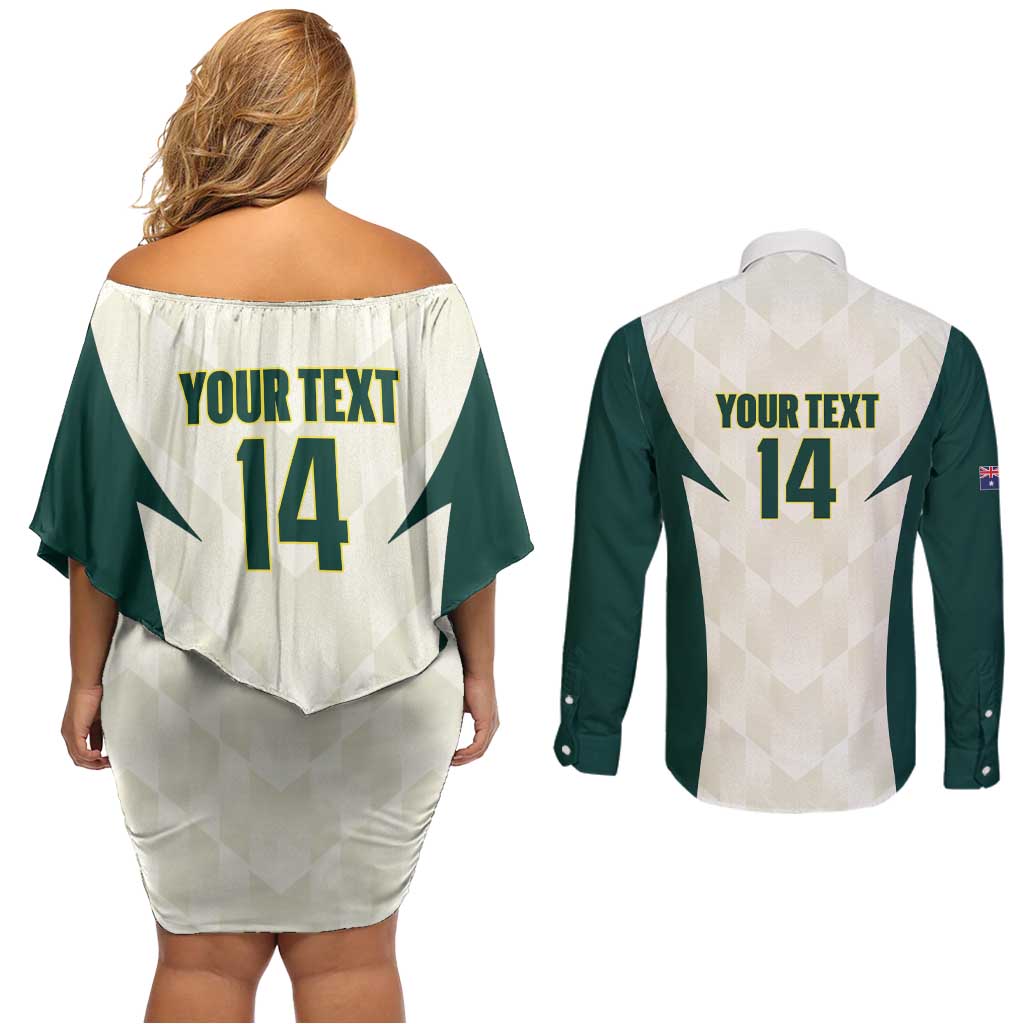 Australia Cricket Custom Couples Matching Off Shoulder Short Dress and Long Sleeve Button Shirt Go Aussie Test Dynamic White - Aussie Hoodie