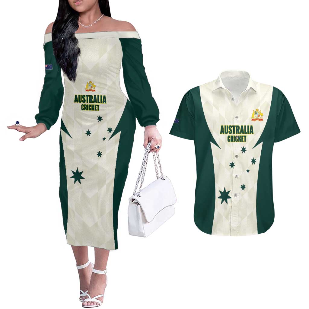 Australia Cricket Custom Couples Matching Off The Shoulder Long Sleeve Dress and Hawaiian Shirt Go Aussie Test Dynamic White - Aussie Hoodie