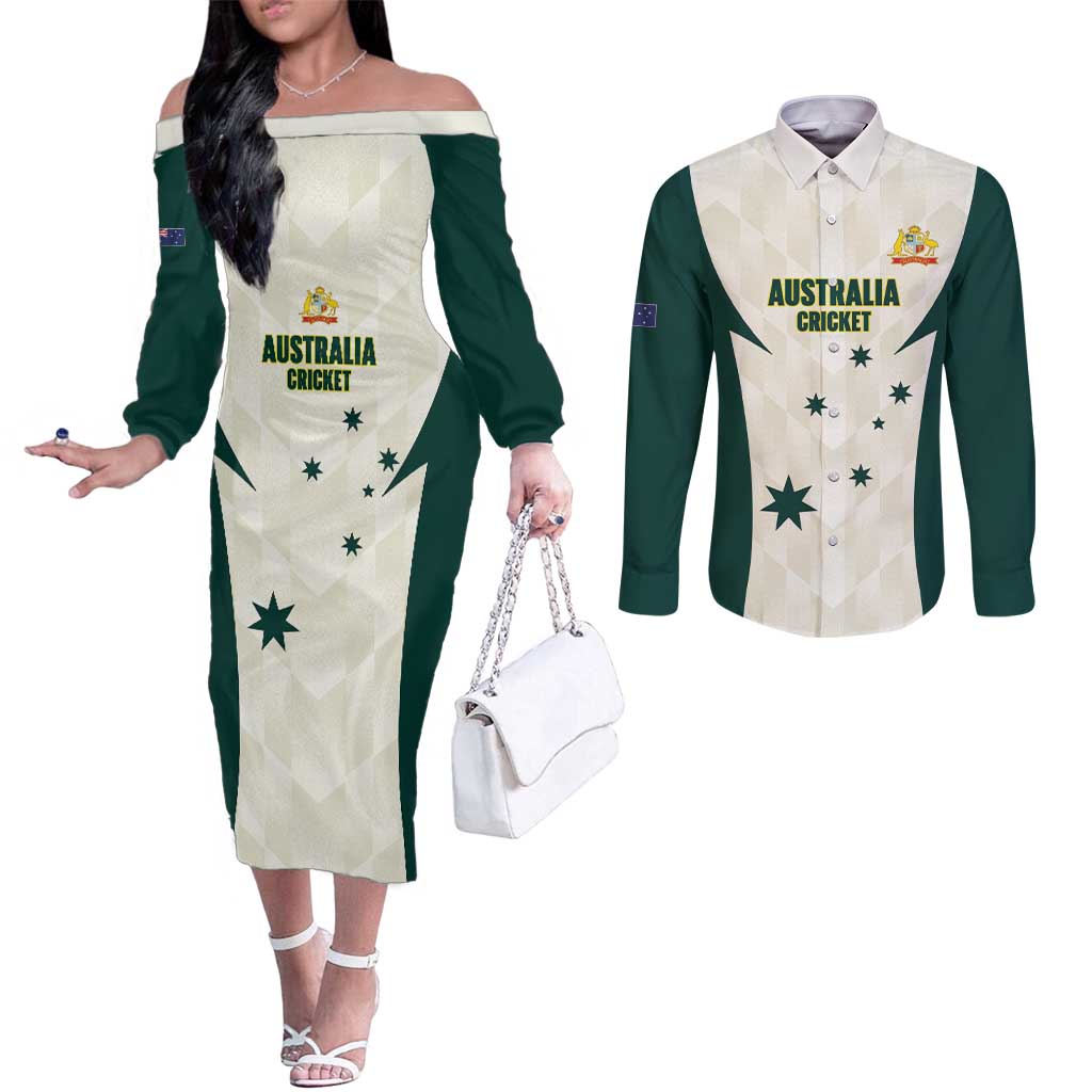 Australia Cricket Custom Couples Matching Off The Shoulder Long Sleeve Dress and Long Sleeve Button Shirt Go Aussie Test Dynamic White - Aussie Hoodie