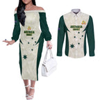 Australia Cricket Custom Couples Matching Off The Shoulder Long Sleeve Dress and Long Sleeve Button Shirt Go Aussie Test Dynamic White - Aussie Hoodie
