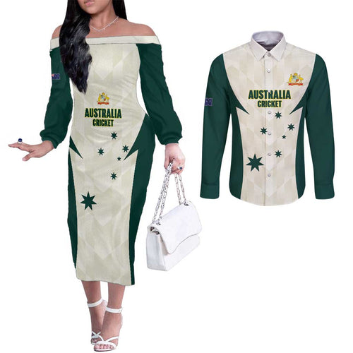 Australia Cricket Custom Couples Matching Off The Shoulder Long Sleeve Dress and Long Sleeve Button Shirt Go Aussie Test Dynamic White - Aussie Hoodie