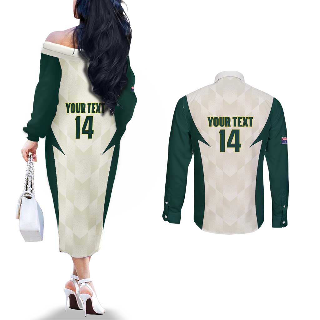 Australia Cricket Custom Couples Matching Off The Shoulder Long Sleeve Dress and Long Sleeve Button Shirt Go Aussie Test Dynamic White - Aussie Hoodie
