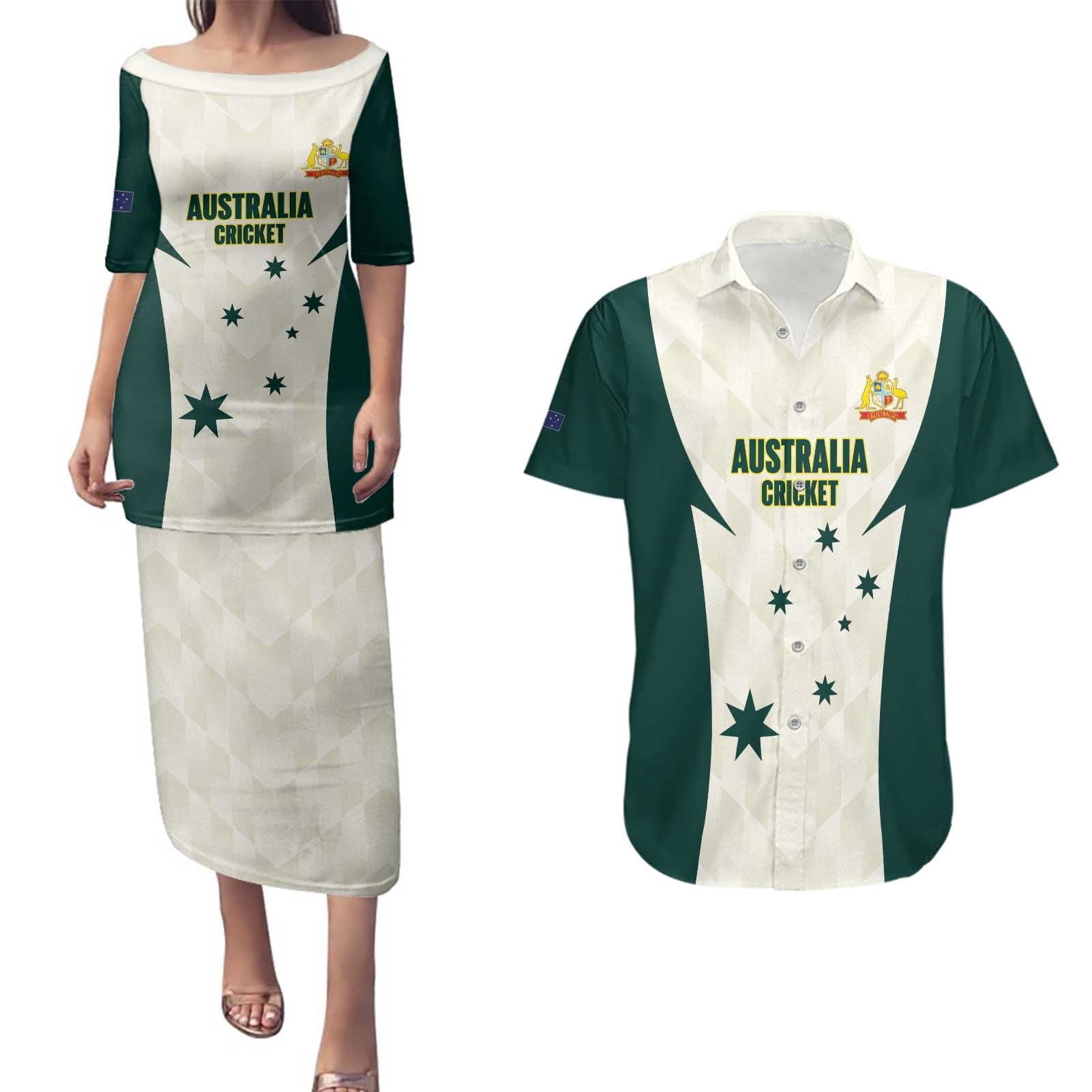 Australia Cricket Custom Couples Matching Puletasi and Hawaiian Shirt Go Aussie Test Dynamic White - Aussie Hoodie
