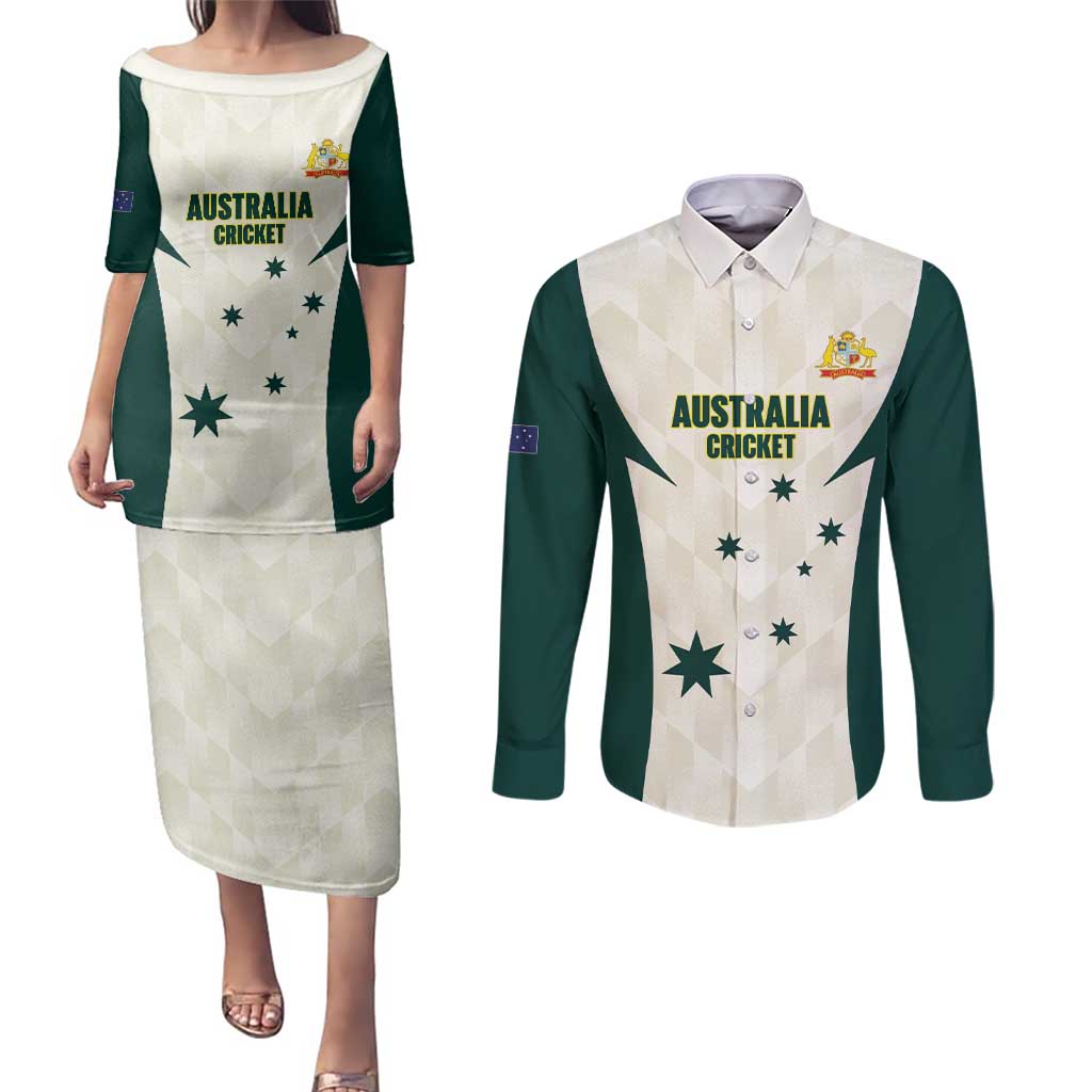 Australia Cricket Custom Couples Matching Puletasi and Long Sleeve Button Shirt Go Aussie Test Dynamic White - Aussie Hoodie
