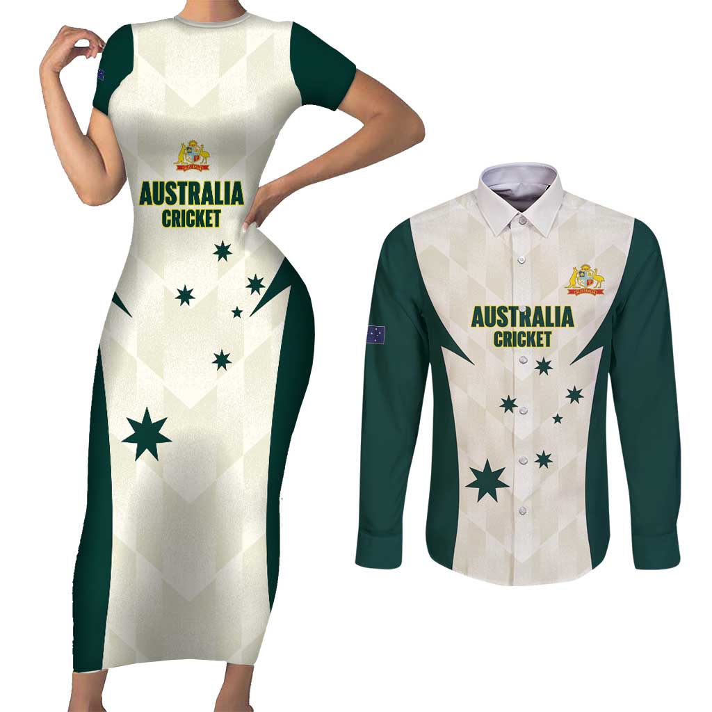 Australia Cricket Custom Couples Matching Short Sleeve Bodycon Dress and Long Sleeve Button Shirt Go Aussie Test Dynamic White - Aussie Hoodie