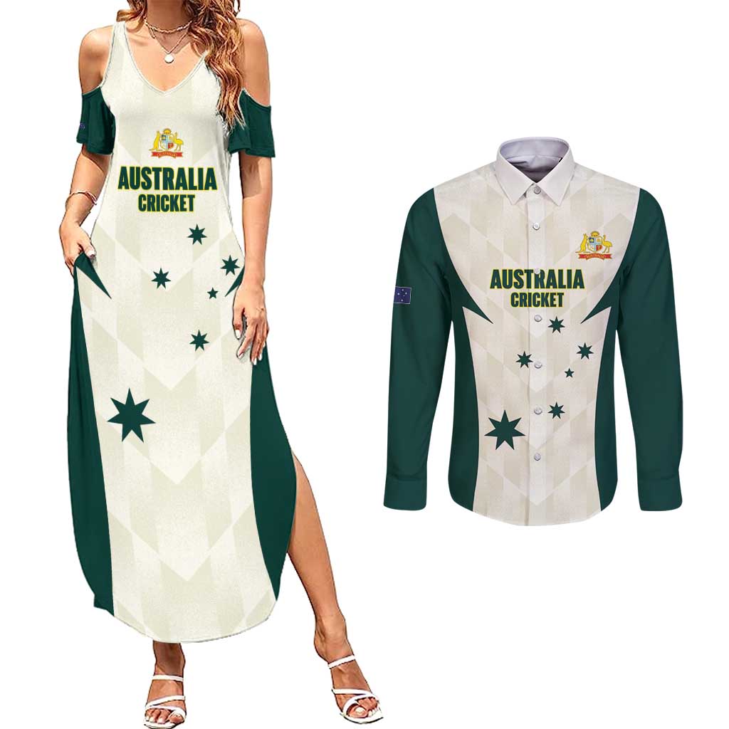 Australia Cricket Custom Couples Matching Summer Maxi Dress and Long Sleeve Button Shirt Go Aussie Test Dynamic White - Aussie Hoodie