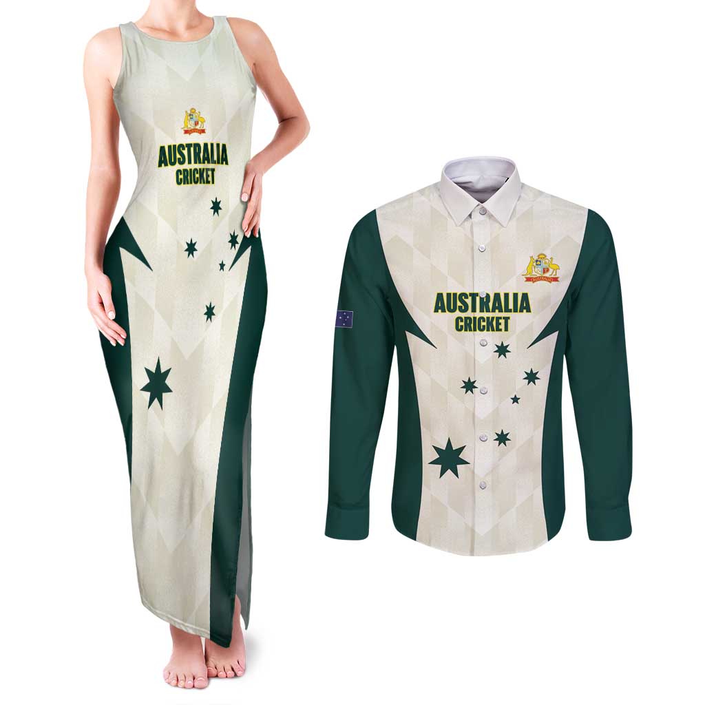 Australia Cricket Custom Couples Matching Tank Maxi Dress and Long Sleeve Button Shirt Go Aussie Test Dynamic White - Aussie Hoodie