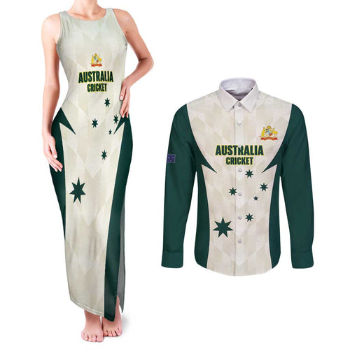 Australia Cricket Custom Couples Matching Tank Maxi Dress and Long Sleeve Button Shirt Go Aussie Test Dynamic White - Aussie Hoodie