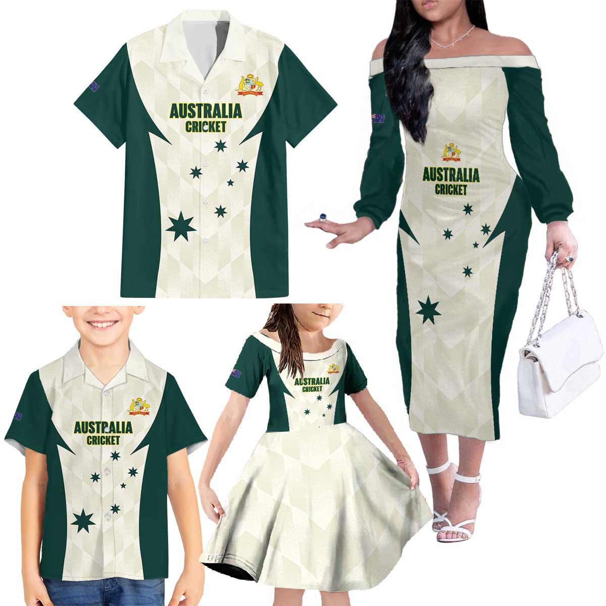 Australia Cricket Custom Family Matching Off The Shoulder Long Sleeve Dress and Hawaiian Shirt Go Aussie Test Dynamic White - Aussie Hoodie