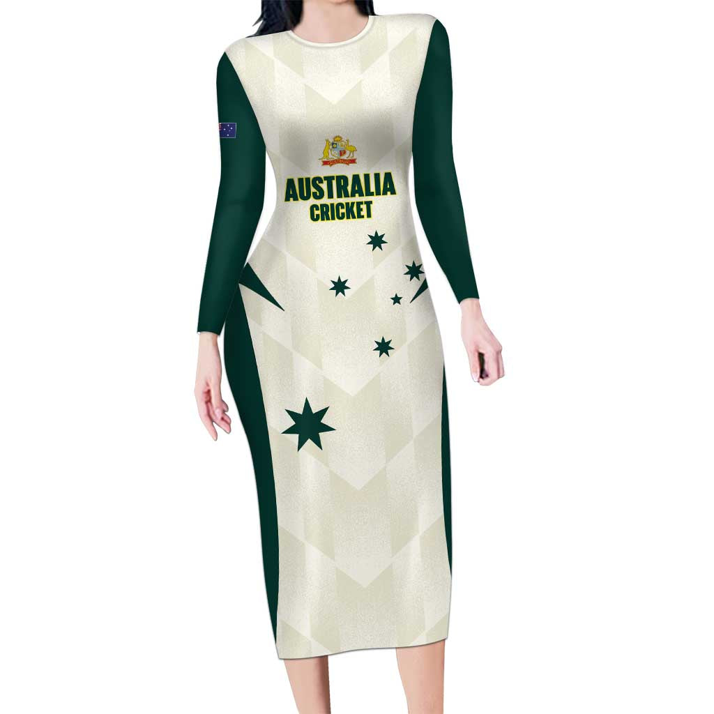Australia Cricket Custom Long Sleeve Bodycon Dress Go Aussie Test Dynamic White - Aussie Hoodie