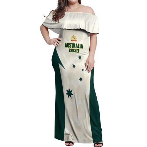 Australia Cricket Custom Off Shoulder Maxi Dress Go Aussie Test Dynamic White - Aussie Hoodie
