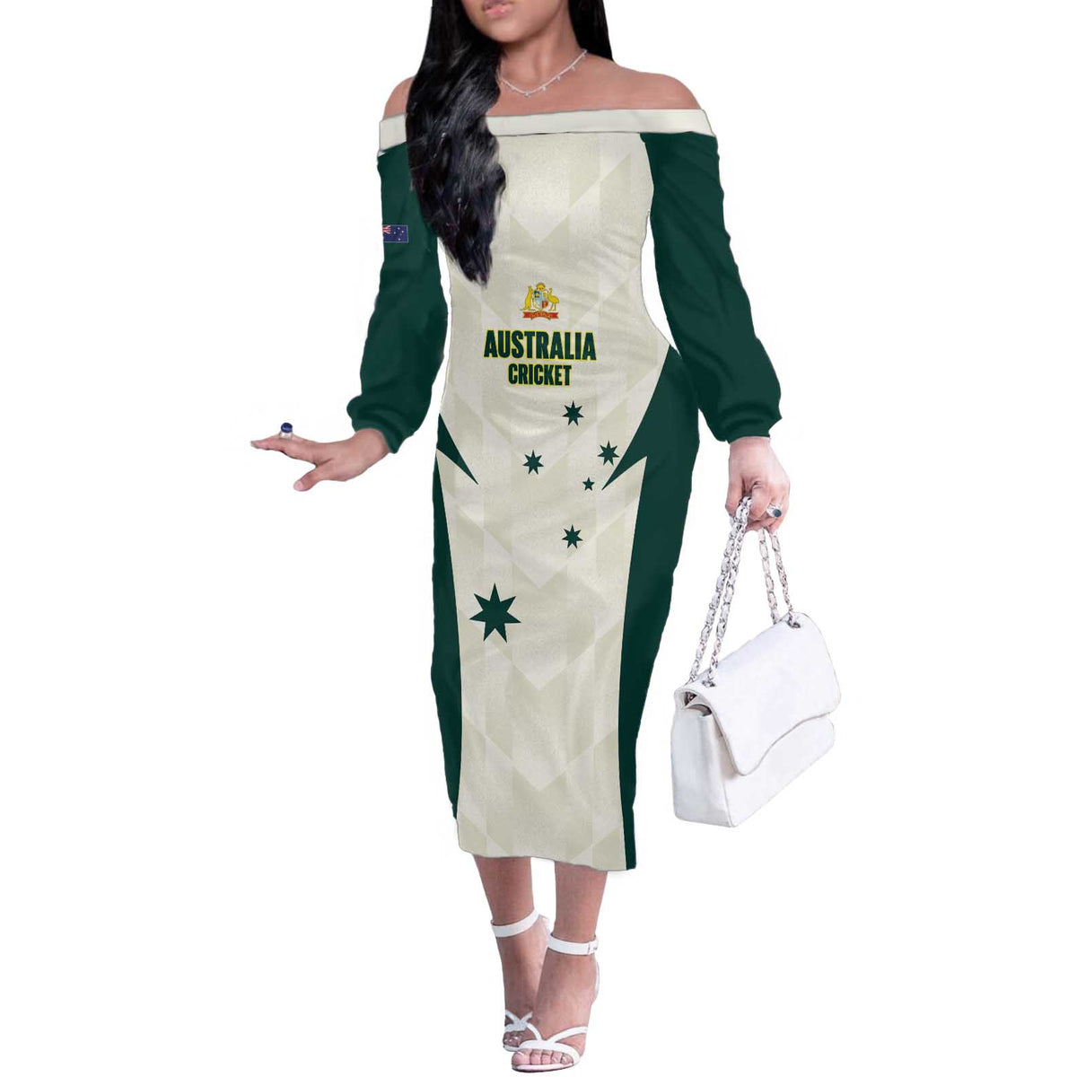 Australia Cricket Custom Off The Shoulder Long Sleeve Dress Go Aussie Test Dynamic White - Aussie Hoodie