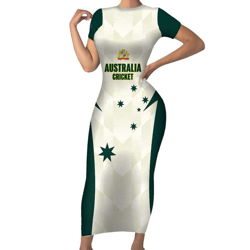 Australia Cricket Custom Short Sleeve Bodycon Dress Go Aussie Test Dynamic White - Aussie Hoodie