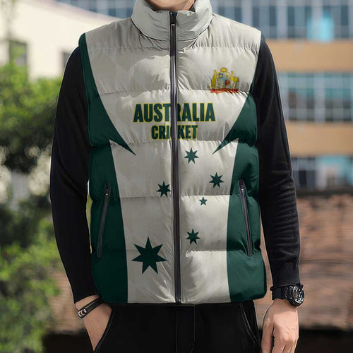 Australia Cricket Custom Sleeveless Puffer Jacket Go Aussie Test Dynamic White - Aussie Hoodie