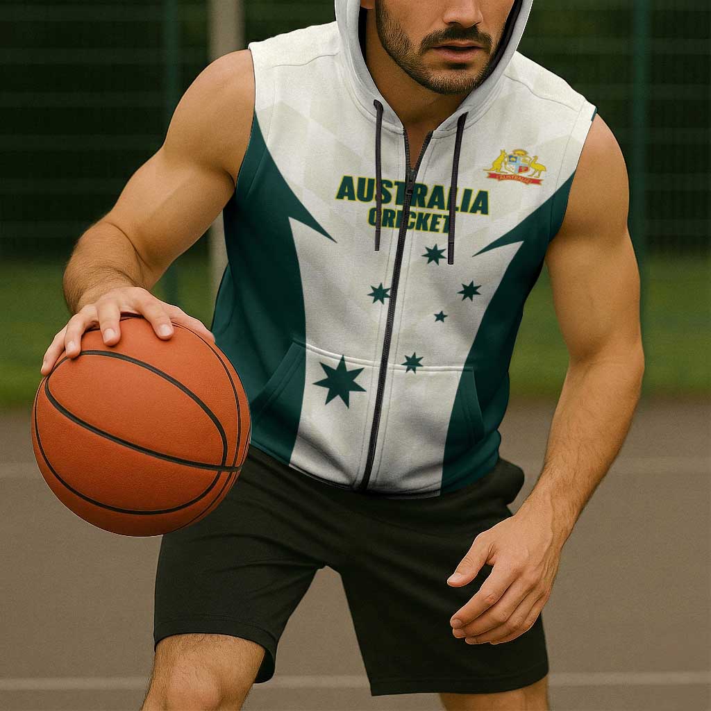 Australia Cricket Custom Sleeveless Zip Hoodie Go Aussie Test Dynamic White LT14