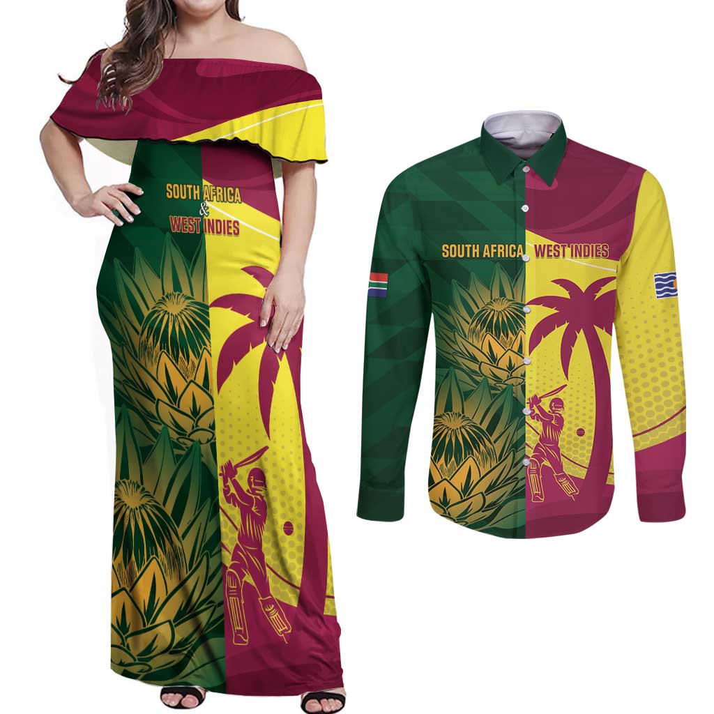 South Africa West Indies Cricket Custom Couples Matching Off Shoulder Maxi Dress and Long Sleeve Button Shirt Proteas Windies Together - Aussie Hoodie