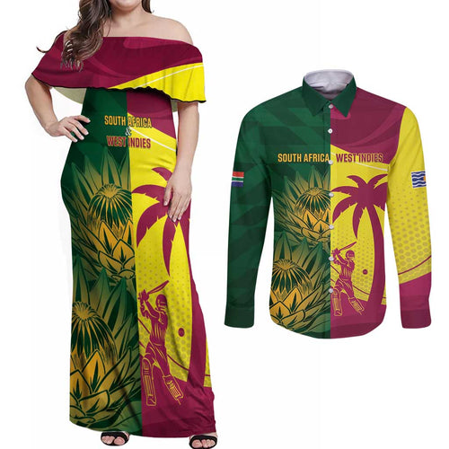 South Africa West Indies Cricket Custom Couples Matching Off Shoulder Maxi Dress and Long Sleeve Button Shirt Proteas Windies Together - Aussie Hoodie