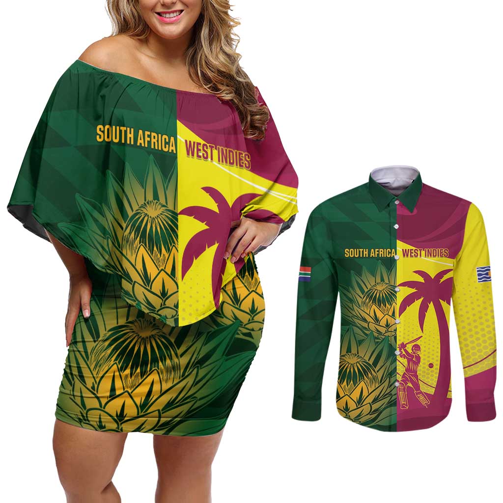 South Africa West Indies Cricket Custom Couples Matching Off Shoulder Short Dress and Long Sleeve Button Shirt Proteas Windies Together - Aussie Hoodie