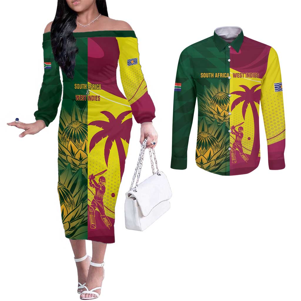 South Africa West Indies Cricket Custom Couples Matching Off The Shoulder Long Sleeve Dress and Long Sleeve Button Shirt Proteas Windies Together - Aussie Hoodie