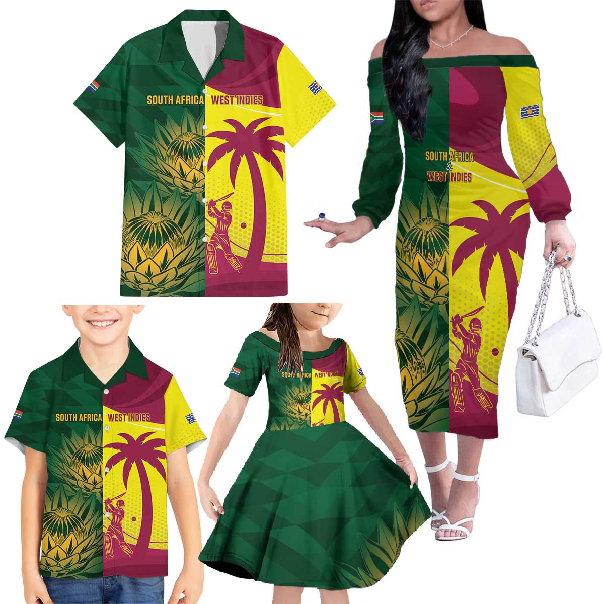 South Africa West Indies Cricket Custom Family Matching Off The Shoulder Long Sleeve Dress and Hawaiian Shirt Proteas Windies Together - Aussie Hoodie