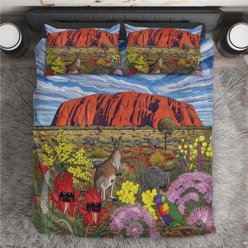 Australia Uluru Ayers Rock Bedding Set Native Animals Flowers Oil Paint Draw - Aussie Hoodie