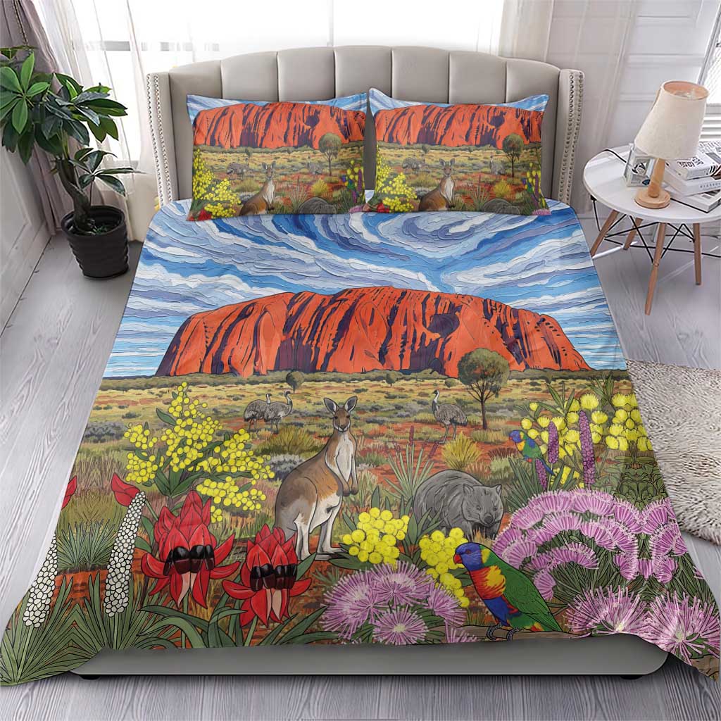 Australia Uluru Ayers Rock Bedding Set Native Animals Flowers Oil Paint Draw - Aussie Hoodie