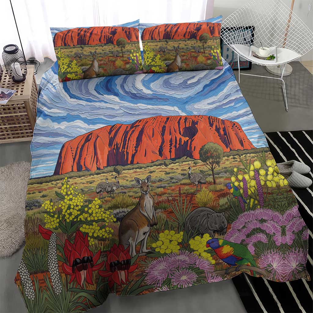 Australia Uluru Ayers Rock Bedding Set Native Animals Flowers Oil Paint Draw - Aussie Hoodie