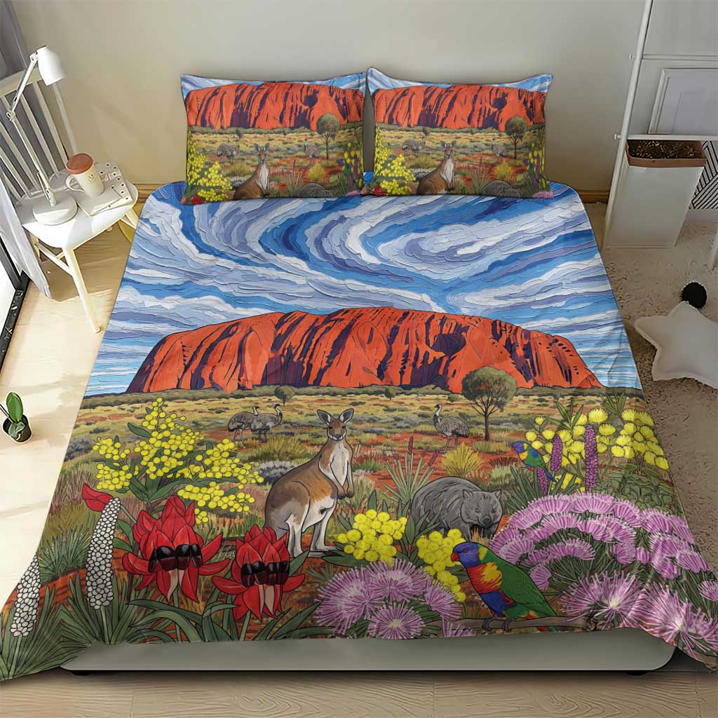 Australia Uluru Ayers Rock Bedding Set Native Animals Flowers Oil Paint Draw - Aussie Hoodie