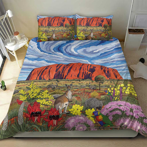 Australia Uluru Ayers Rock Bedding Set Native Animals Flowers Oil Paint Draw - Aussie Hoodie