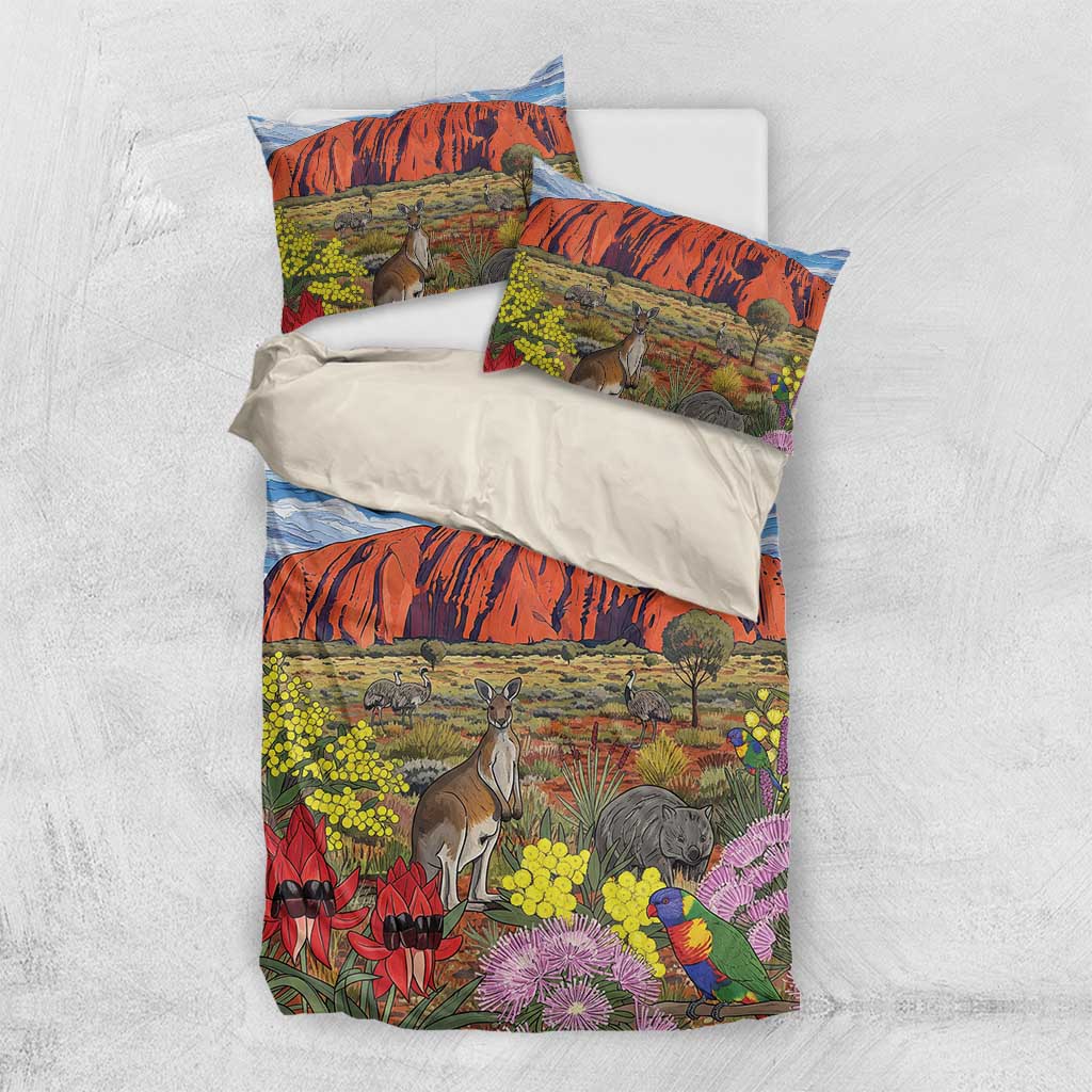 Australia Uluru Ayers Rock Bedding Set Native Animals Flowers Oil Paint Draw - Aussie Hoodie