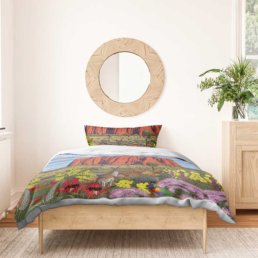 Australia Uluru Ayers Rock Bedding Set Native Animals Flowers Oil Paint Draw - Aussie Hoodie