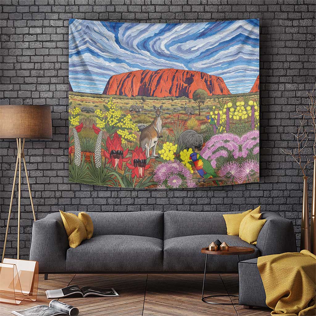 Australia Uluru Ayers Rock Tapestry Native Animals Flowers Oil Paint Draw - Aussie Hoodie