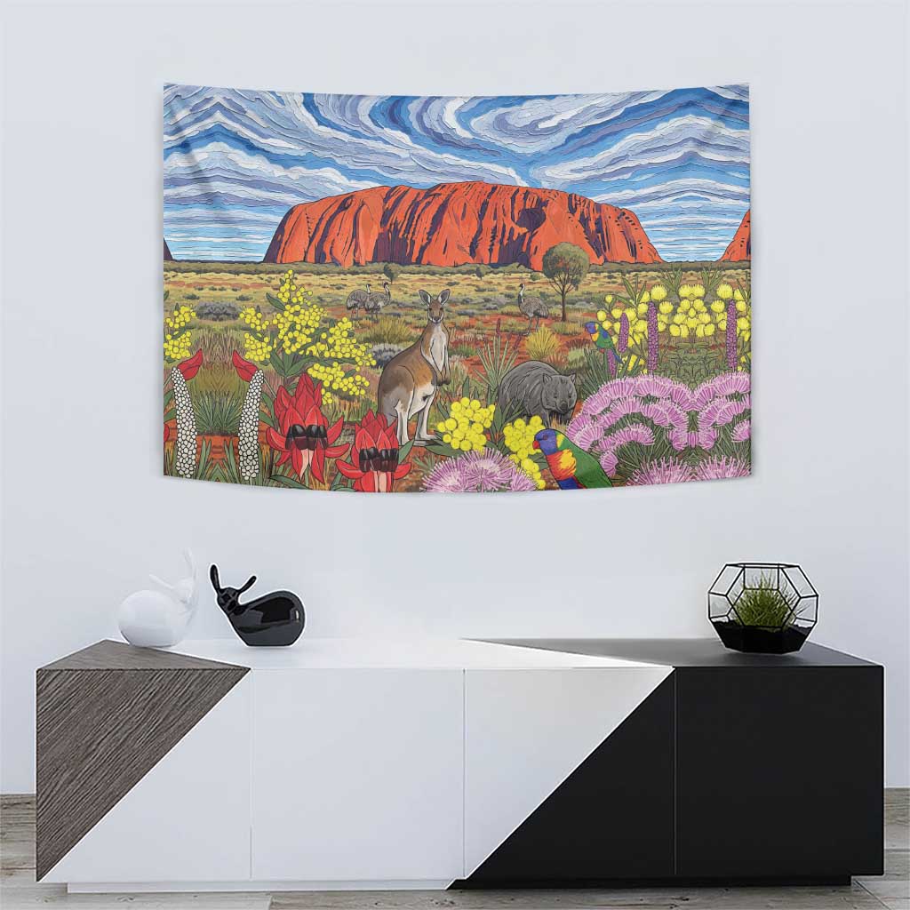 Australia Uluru Ayers Rock Tapestry Native Animals Flowers Oil Paint Draw - Aussie Hoodie