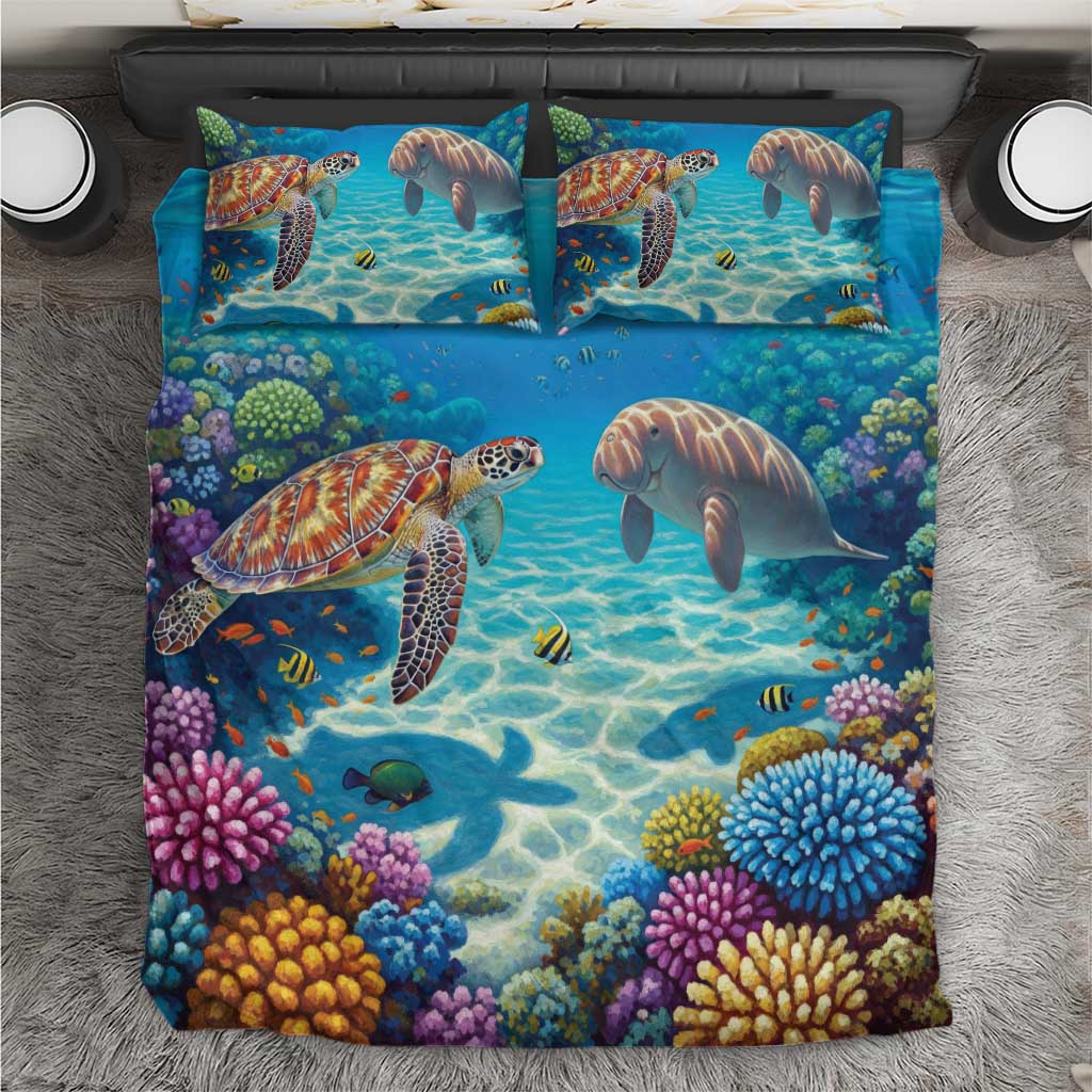Australia Great Barrier Reef Bedding Set Sea Turtle and Dugong Oil Paint Draw - Aussie Hoodie
