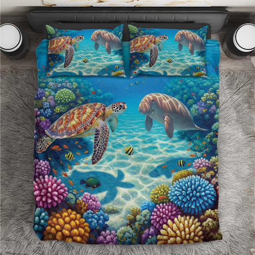 Australia Great Barrier Reef Bedding Set Sea Turtle and Dugong Oil Paint Draw - Aussie Hoodie