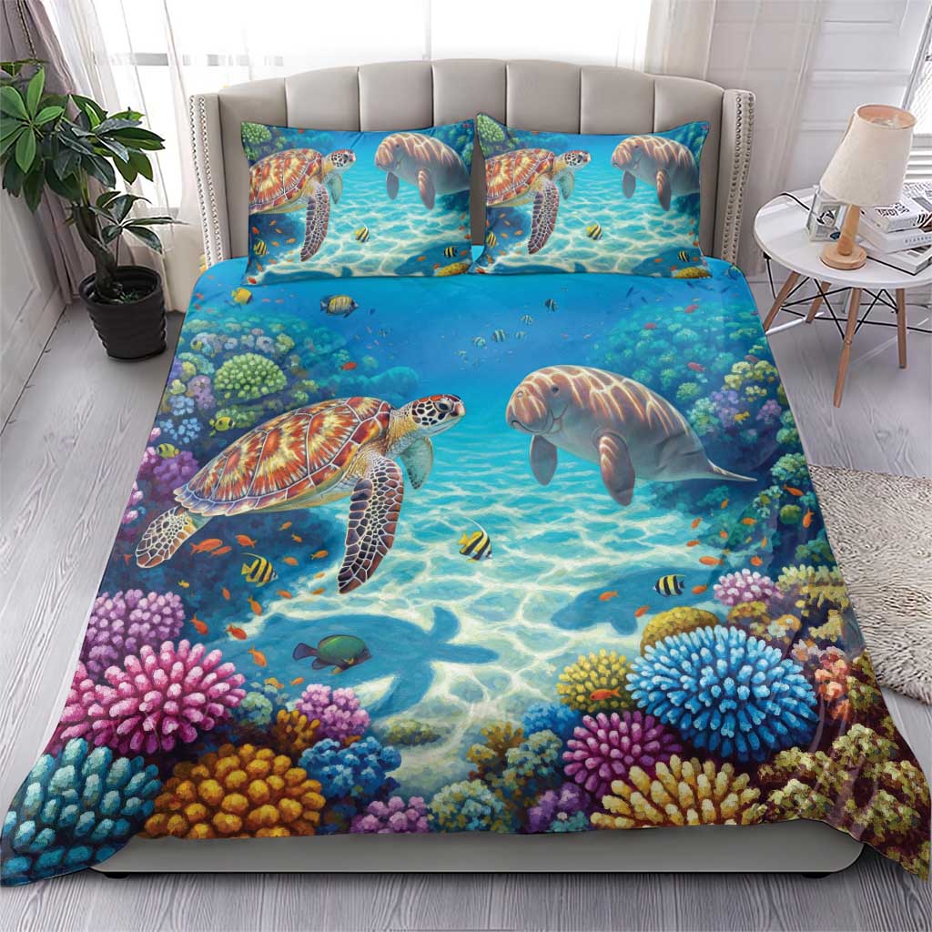 Australia Great Barrier Reef Bedding Set Sea Turtle and Dugong Oil Paint Draw - Aussie Hoodie