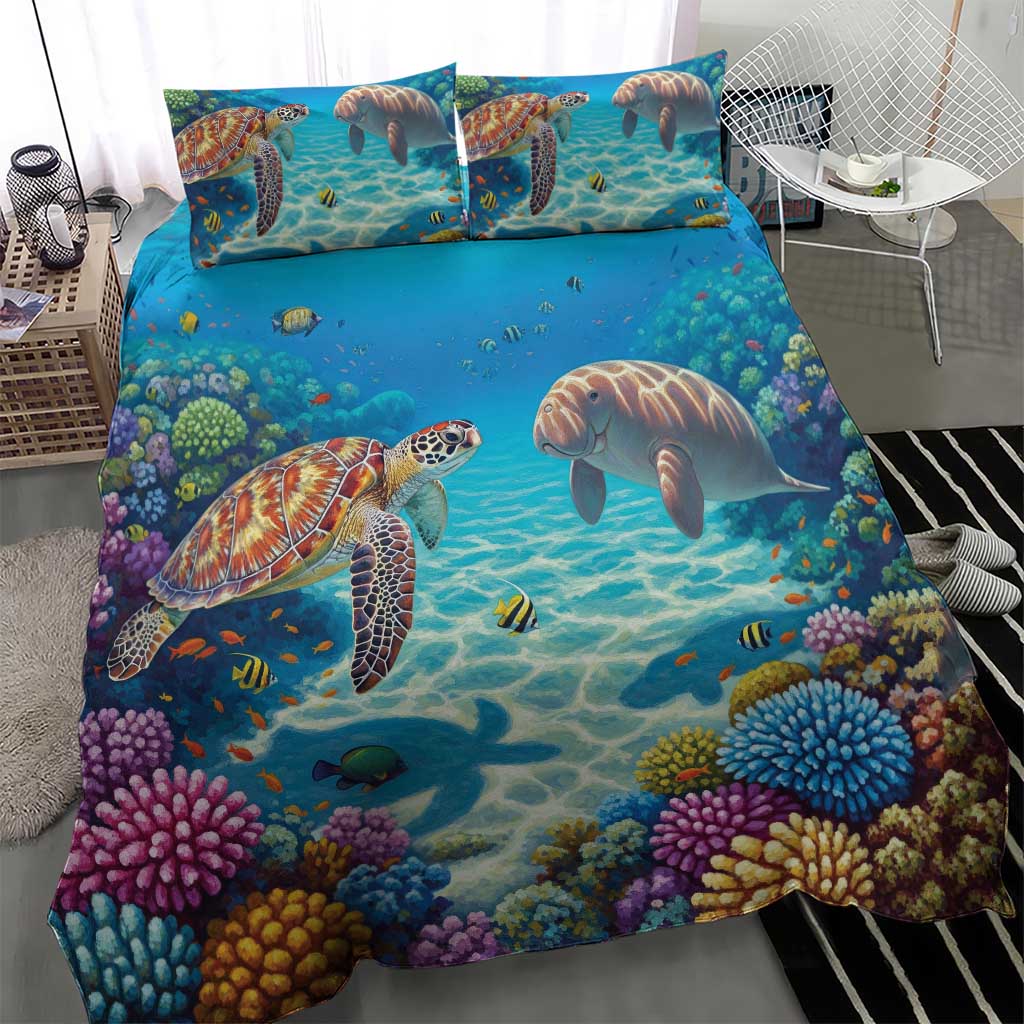 Australia Great Barrier Reef Bedding Set Sea Turtle and Dugong Oil Paint Draw - Aussie Hoodie