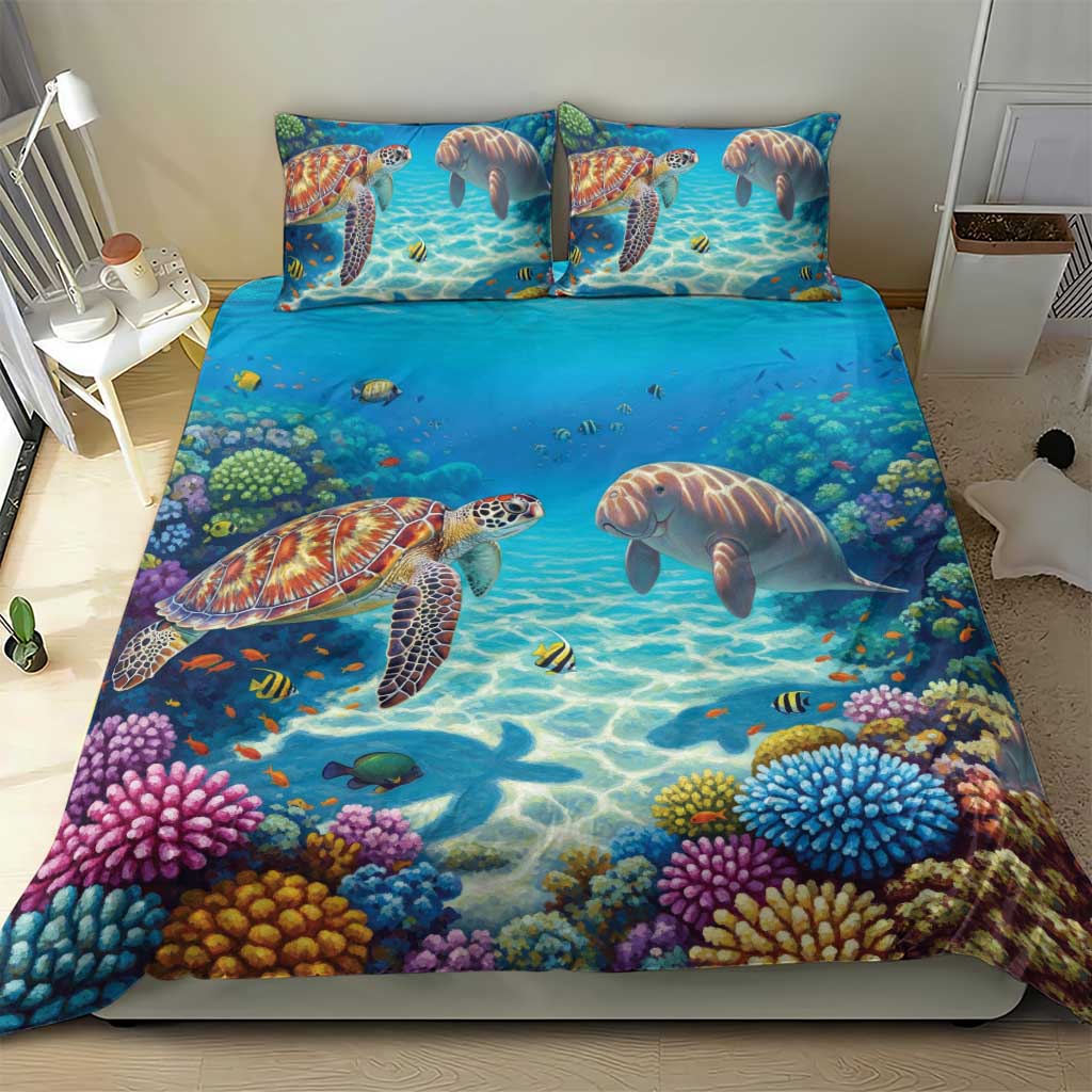 Australia Great Barrier Reef Bedding Set Sea Turtle and Dugong Oil Paint Draw - Aussie Hoodie