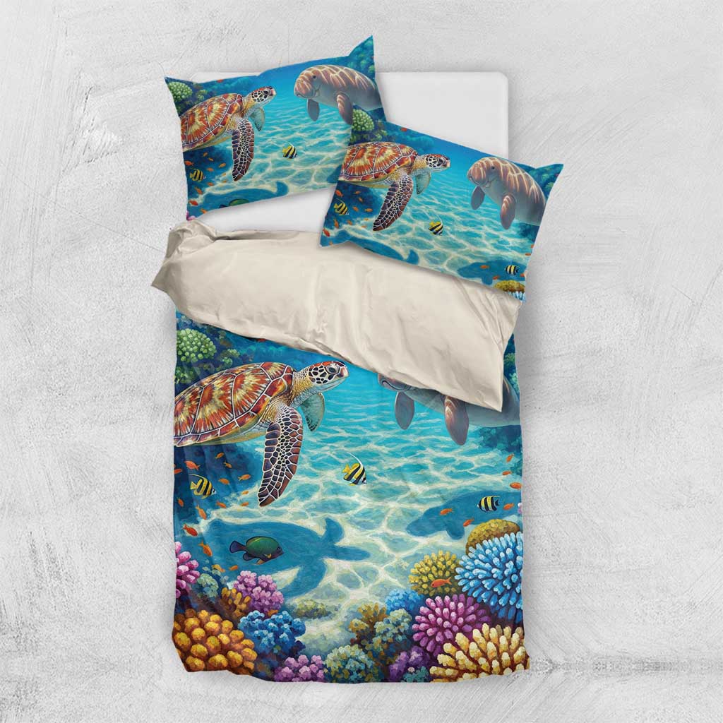 Australia Great Barrier Reef Bedding Set Sea Turtle and Dugong Oil Paint Draw - Aussie Hoodie