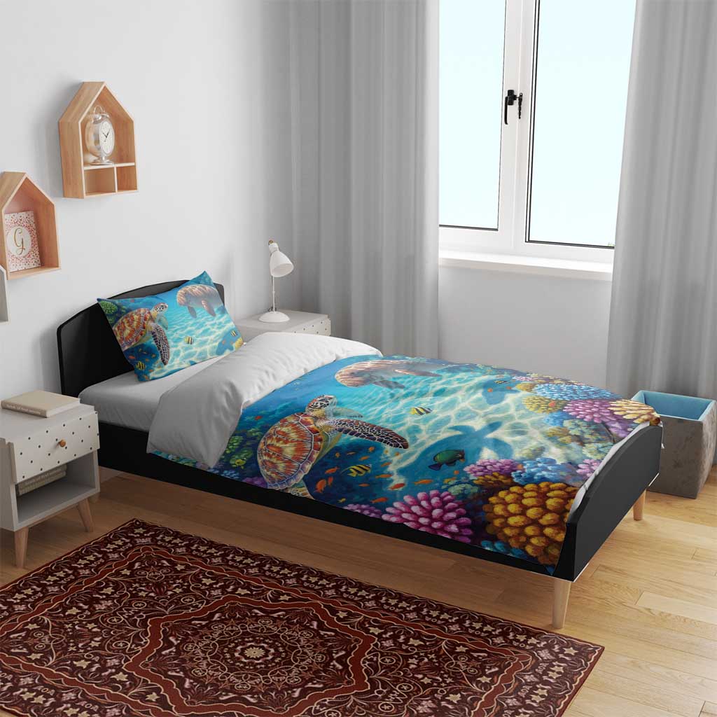 Australia Great Barrier Reef Bedding Set Sea Turtle and Dugong Oil Paint Draw - Aussie Hoodie