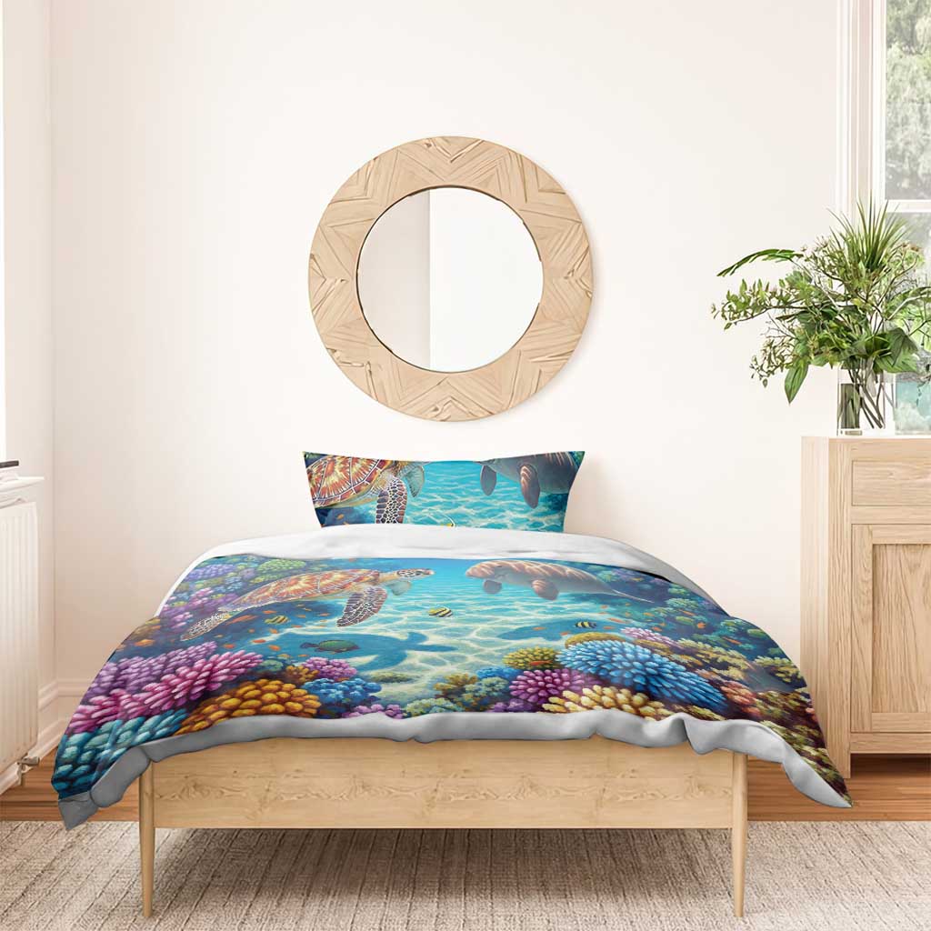 Australia Great Barrier Reef Bedding Set Sea Turtle and Dugong Oil Paint Draw - Aussie Hoodie