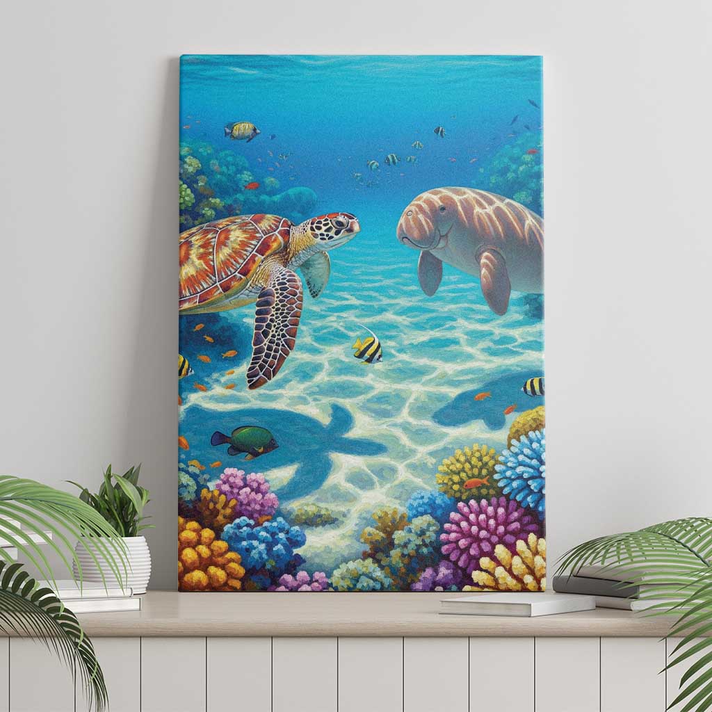 Australia Great Barrier Reef Canvas Wall Art Sea Turtle and Dugong Oil Paint Draw - Aussie Hoodie