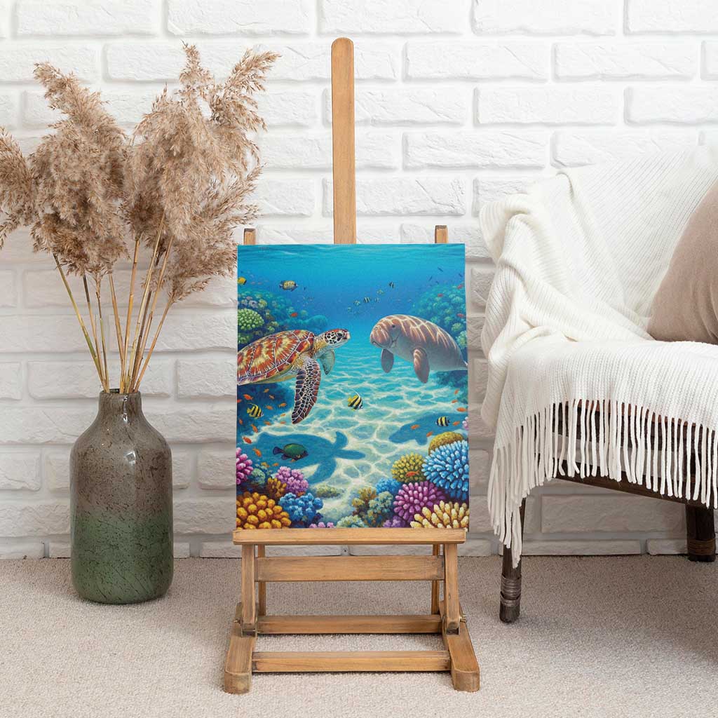 Australia Great Barrier Reef Canvas Wall Art Sea Turtle and Dugong Oil Paint Draw - Aussie Hoodie
